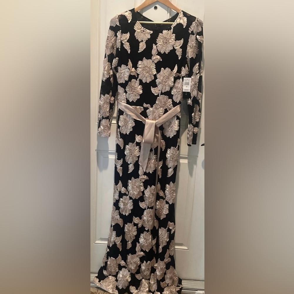 Betsy & Adam Black Dress with Champagne Floral Appliqué